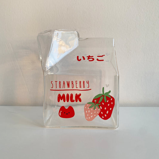 glass milk carton with cute strawberry design